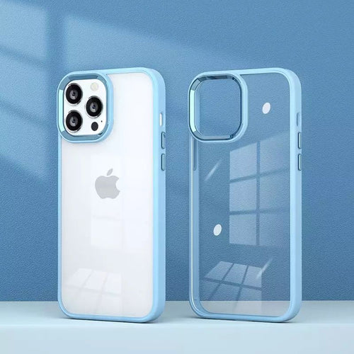 Apple iPhone 13 New Luxury Transparent Back Skin Feel Frosted Bumper Anti-Drop Metal Lens Protective Back Cover (Blue)