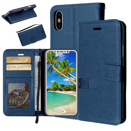 iPhone X Flip Leather Cover, Anti Shock Technology, Premium PU Faux Leather Flip Cover for iPhone X [Royal Series Blue]