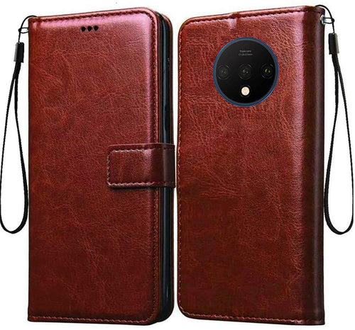 OnePlus 7T Leather Cover, Anti Shock Technology, Premium PU Faux Leather Flip Cover for Oneplus 7T [Royal Series Brown]